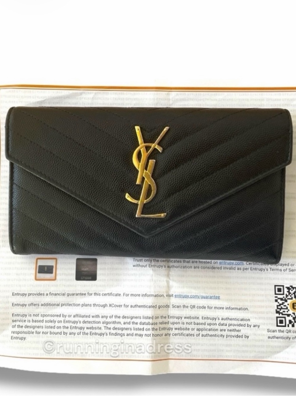 Saint Laurent Monogram Large Flap Wallet Black Leather YSL Envelope Clutch Gold